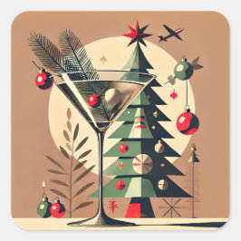 Retro 50-tals Jet Set Julgran Martini Fyrkantigt Klistermärke