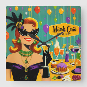 Retro 50-tals Mardi Gras Cocktailfest Fyrkantig Klocka