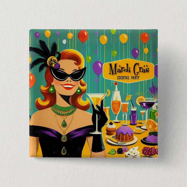 Retro 50-tals Mardi Gras Cocktailfest Knapp (Framsida)