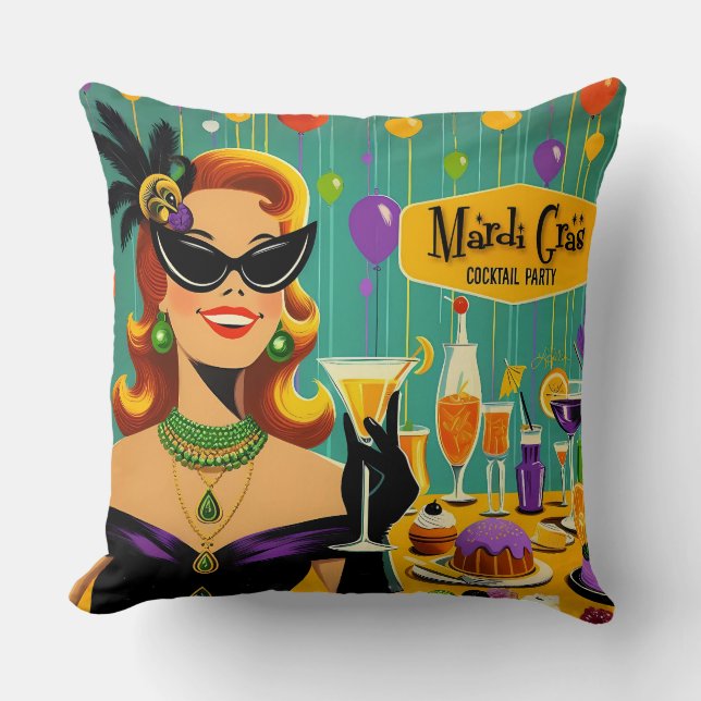 Retro 50-tals Mardi Gras Cocktailparty Kudde (Framsida)