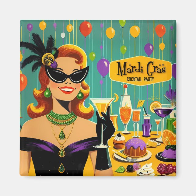 Retro 50-tals Mardi Gras Cocktailparty Magnet (Framsidan)