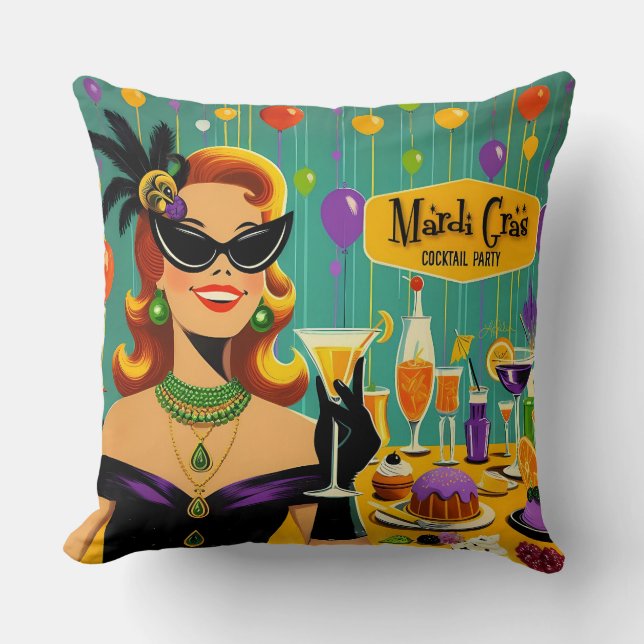 Retro 50-tals Mardi Gras Martini Cocktail Party Kudde (Framsida)