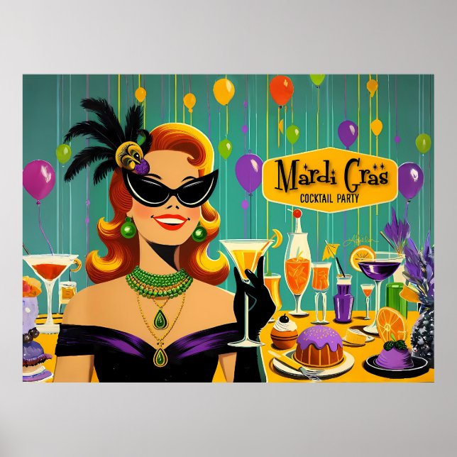 Retro 50-tals Mardi Gras Martini Cocktailfest Poster (Framsidan)
