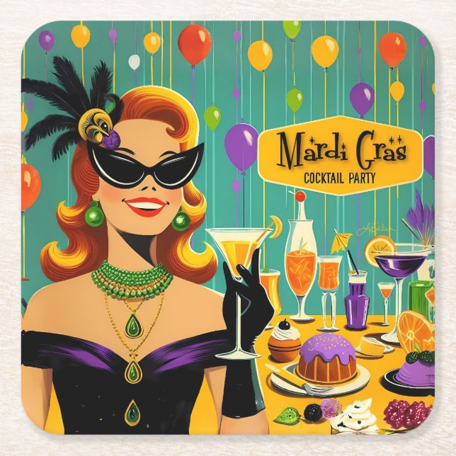 Retro 50-tals Mardi Gras Martini Cocktailfest Underlägg Papper Kvadrat (Framsidan)