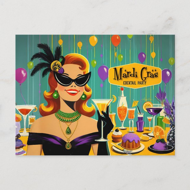 Retro 50-tals Mardi Gras Martini Cocktailfest Vykort (Framsida)