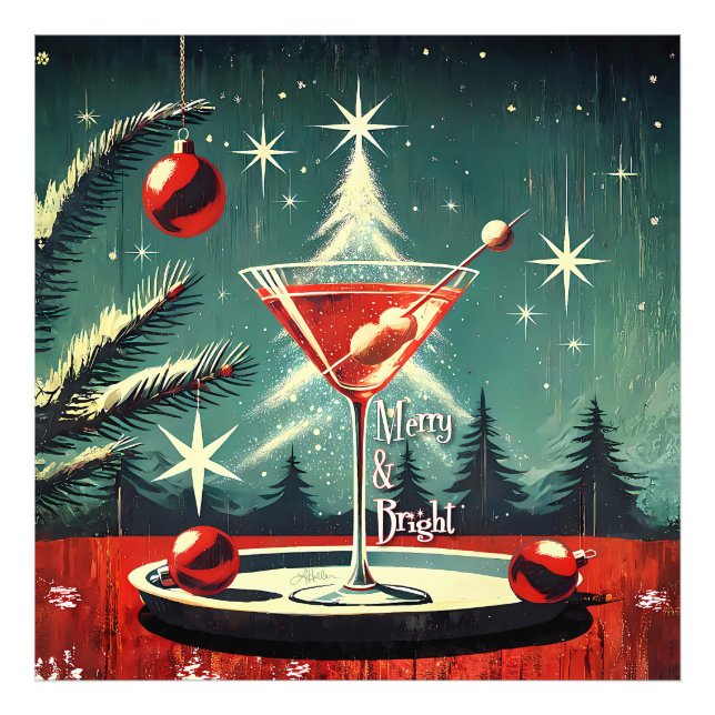 Retro 50-tals Snöyra Julgran Martini Fototryck (Framsidan)