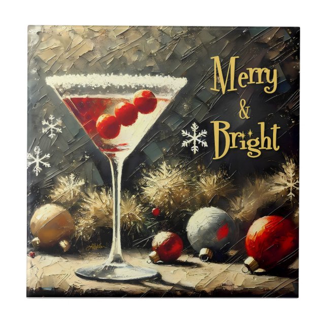 Retro 50-tals Triple Cranberry Jul Martini Kakelplatta (Framsidan)