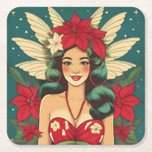 Retro 50-tals Tropisk Jul Pin-Up Flicka Underlägg Papper Kvadrat