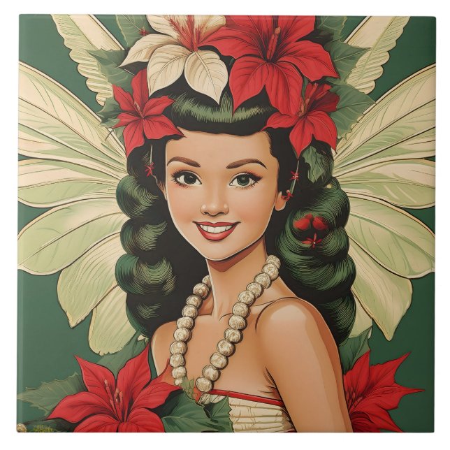 Retro 50-tals Tropisk Jul Prinsessa Kakelplatta (Framsidan)