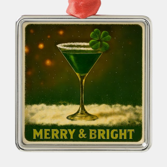 Retro 50s 4 Leaf Clover Irish Christmas Martini Julgransprydnad Metall (Framsidan)