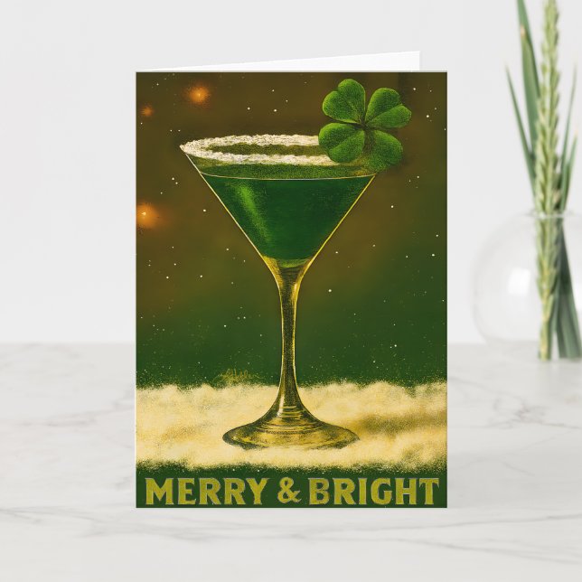 Retro 50s 4 Leaf Clover Irish Christmas Martini Kort (Framsida)
