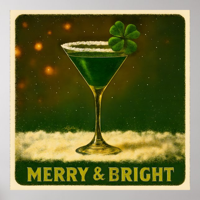 Retro 50s 4 Leaf Clover Irish Christmas Martini Poster (Framsidan)