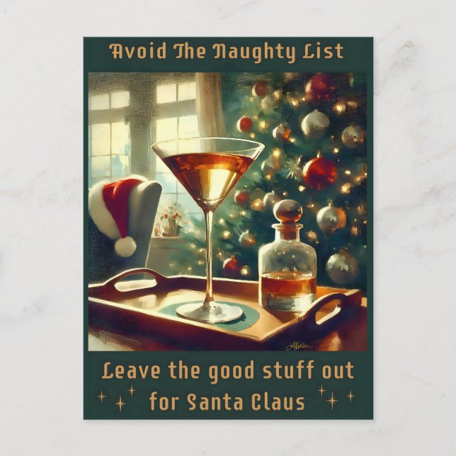 Retro 50s Avoid The Naughty List Christmas Martini Vykort (Framsida)