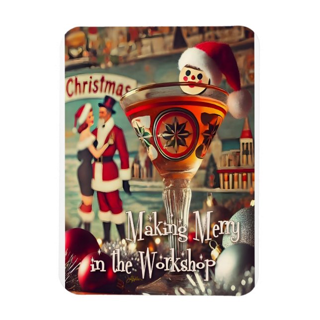 Retro 50s Cocktail Making Merry Christmas Workshop Magnet (Vertikal)