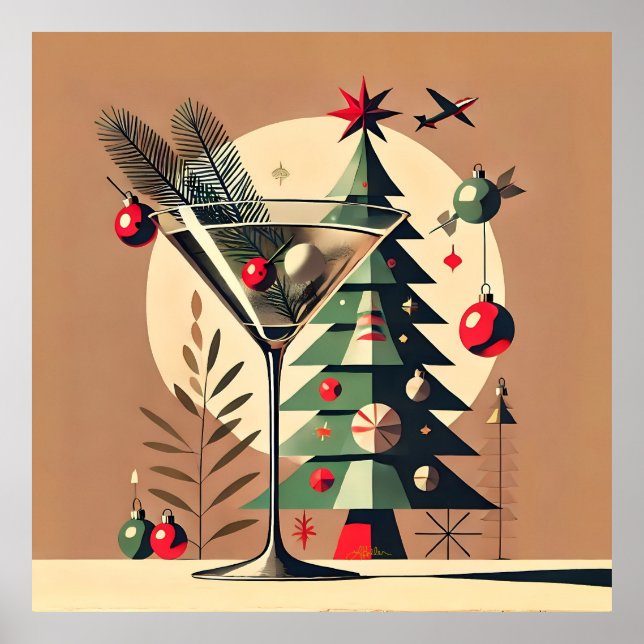 Retro 50s Jet Set Christmas Tree Martini Poster (Framsidan)