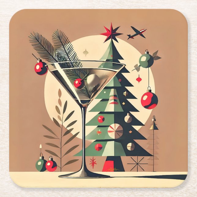 Retro 50s Jet Set Christmas Tree Martini Underlägg Papper Kvadrat (Framsidan)