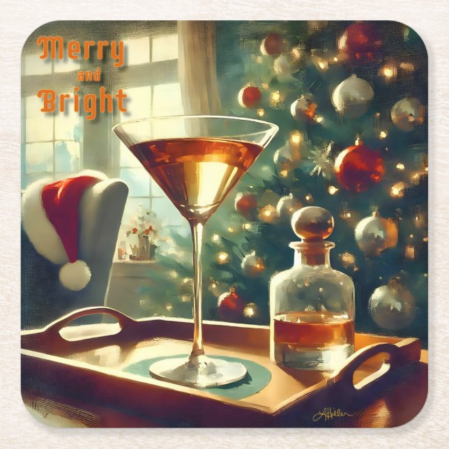 Retro 50s Manhattan Martini för Santa Underlägg Papper Kvadrat (Framsidan)
