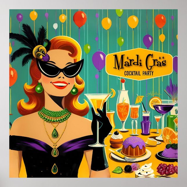 Retro 50s Mardi Gras Cocktail Party Poster (Framsidan)