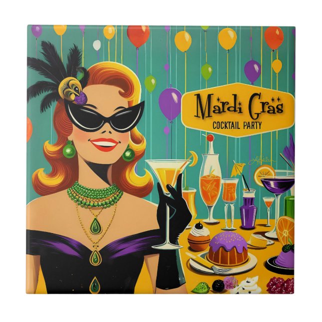 Retro 50s Mardi Gras Martini Cocktail Party Kakelplatta (Framsidan)