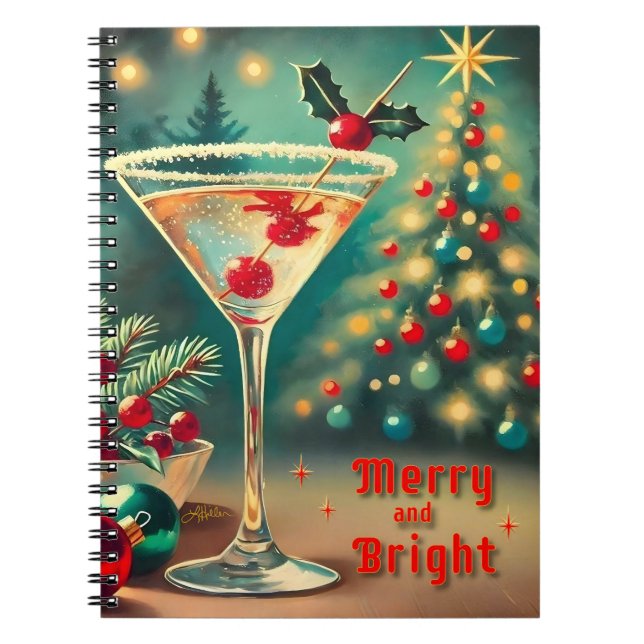 Retro 50s Merry Bright jul Cocktail Martini Anteckningsbok (Framsidan)