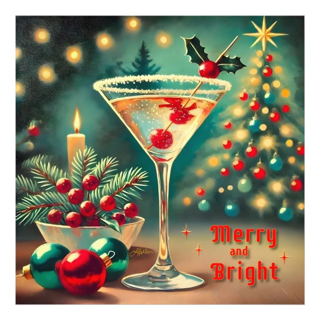 Retro 50s Merry Bright jul Cocktail Martini Fototryck (Framsidan)