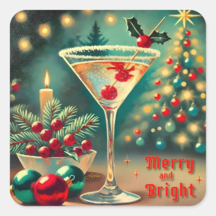 Retro 50s Merry Bright jul Cocktail Martini Fyrkantigt Klistermärke