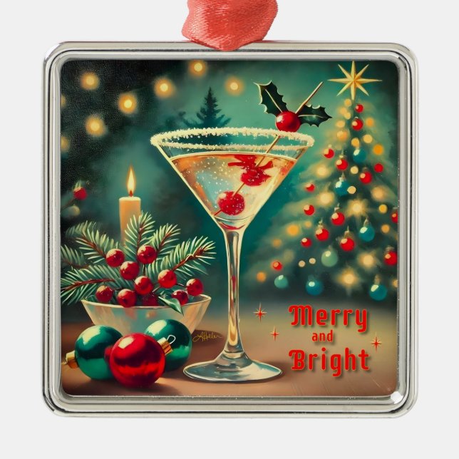 Retro 50s Merry Bright jul Cocktail Martini Julgransprydnad Metall (Framsidan)