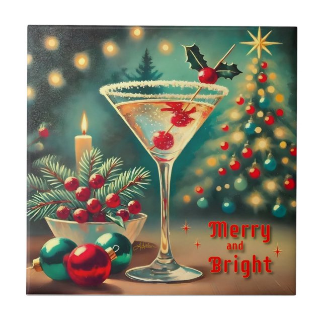 Retro 50s Merry Bright jul Cocktail Martini Kakelplatta (Framsidan)