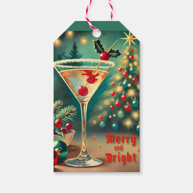 Retro 50s Merry Bright jul Cocktail Martini Presentetikett (Framsidan)