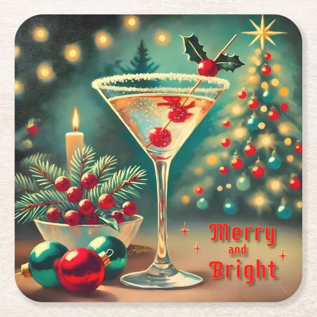 Retro 50s Merry Bright jul Cocktail Martini Underlägg Papper Kvadrat (Framsidan)