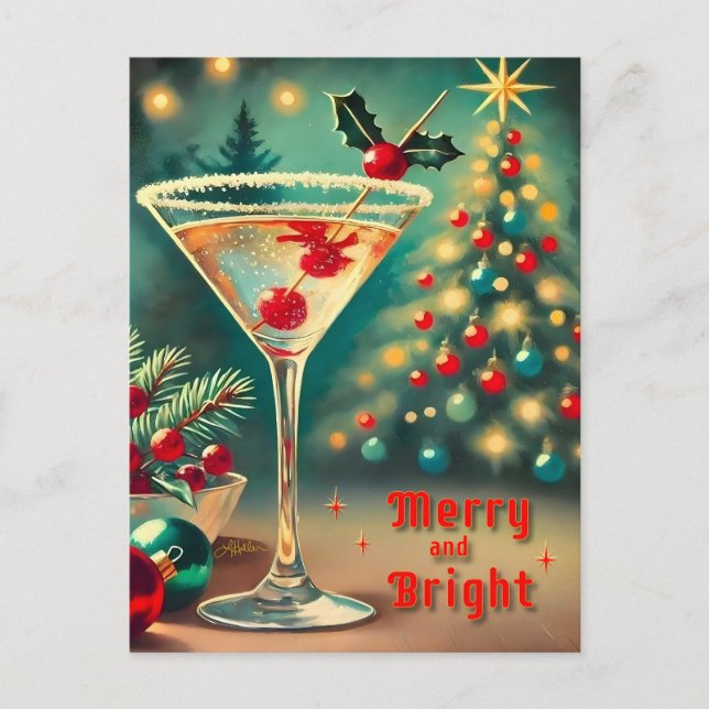 Retro 50s Merry Bright jul Cocktail Martini Vykort (Framsida)