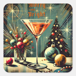 Retro 50s Merry & Bright Jul Martini Fyrkantigt Klistermärke