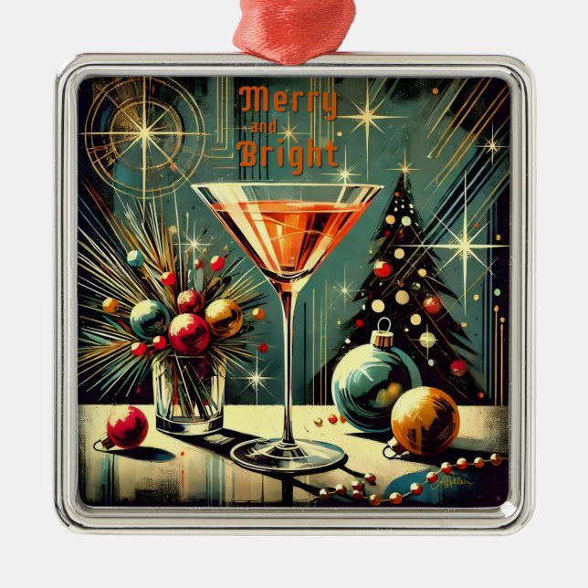 Retro 50s Merry & Bright Jul Martini Julgransprydnad Metall (Framsidan)