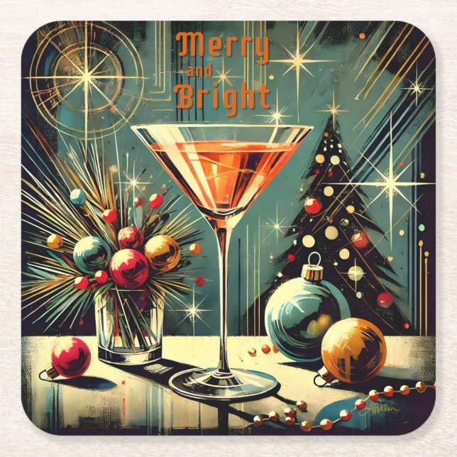 Retro 50s Merry & Bright Jul Martini Underlägg Papper Kvadrat (Framsidan)
