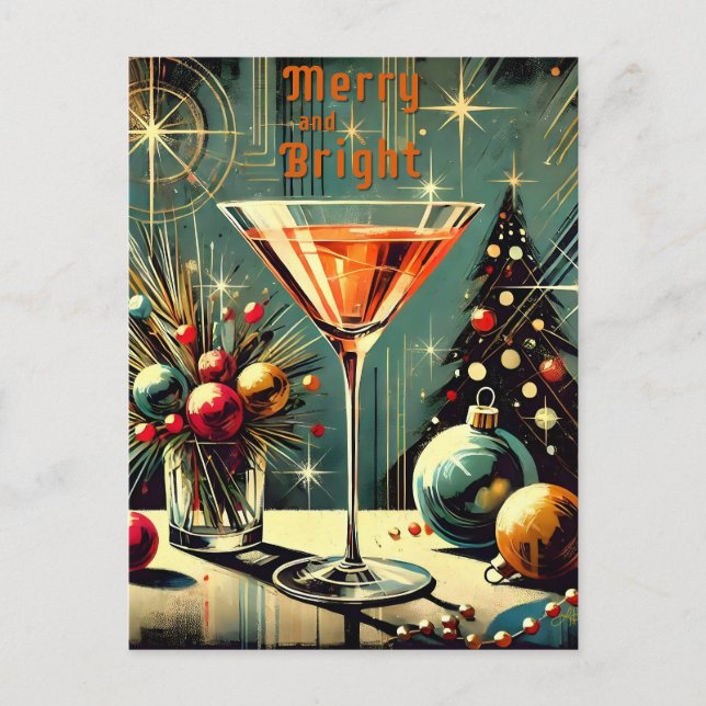 Retro 50s Merry & Bright Jul Martini Vykort (Framsida)