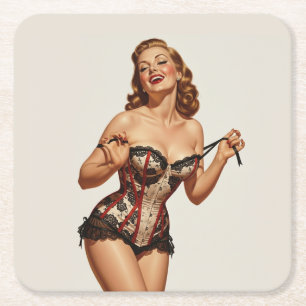 Retro 50's Pin-up Beauty Underlägg Papper Kvadrat