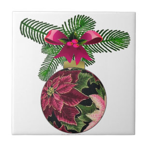 Retro 50s Poinsettia Burgundy Ornament Kakelplatta