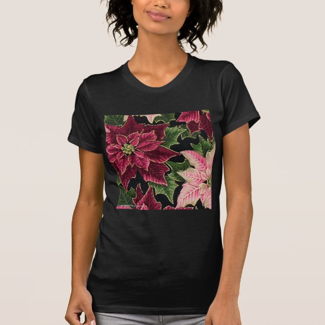 Retro 50s Poinsettia Burgundy Rosa T Shirt (Framsida)