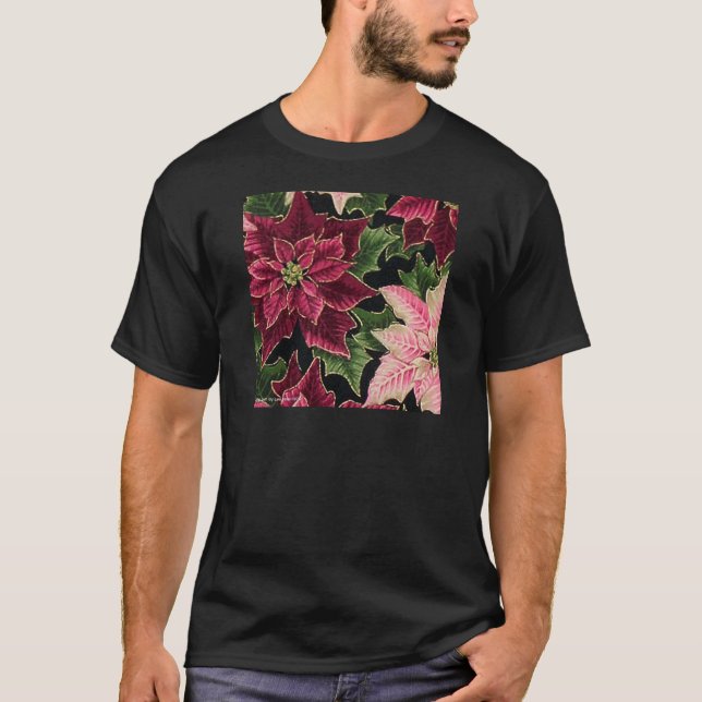 Retro 50s Poinsettia Burgundy Rosa Tee Shirt (Framsida)