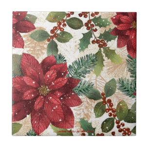 Retro 50s Poinsettia Red Grönt Cream Kakelplatta
