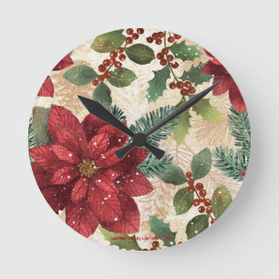 Retro 50s Poinsettia Red Grönt Cream Rund Klocka