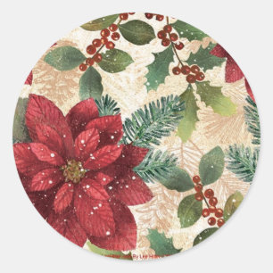 Retro 50s Poinsettia Red Grönt Cream Runt Klistermärke