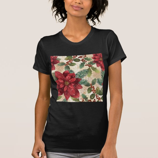 Retro 50s Poinsettia Red Grönt Cream Tee Shirt (Framsida)