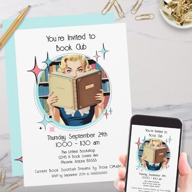 Retro 50s Rosa Teal Aqua Bok Klubb Funny Anpassnin Inbjudningar (funny 50s inspired retro vintage womens book club reading group party invitations with pink aqua)