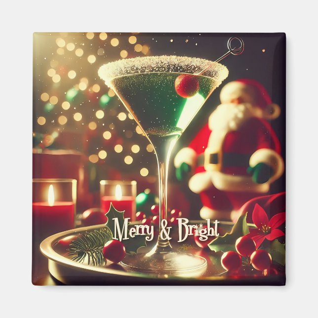 Retro 50s Santa Christmas Green Martini Magnet (Framsidan)