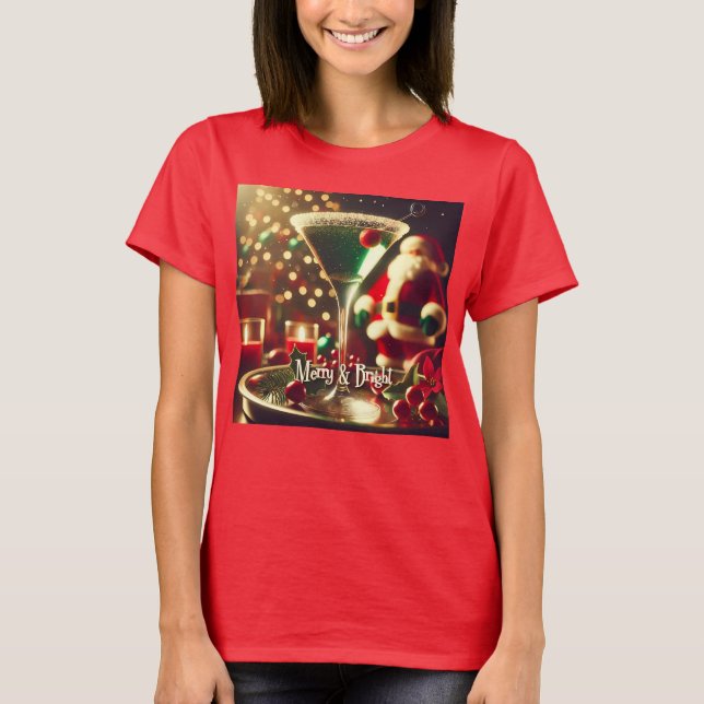 Retro 50s Santa Christmas Green Martini T Shirt (Framsida)