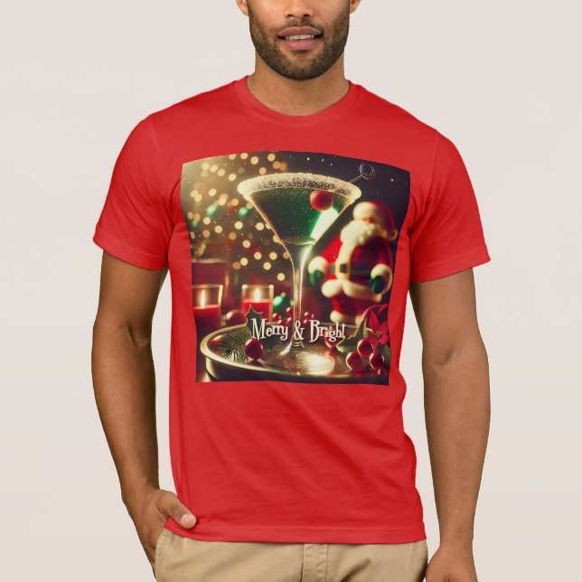 Retro 50s Santa Christmas Green Martini T Shirt (Framsida)