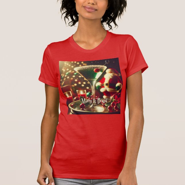 Retro 50s Santa Christmas Green Martini T Shirt (Framsida)