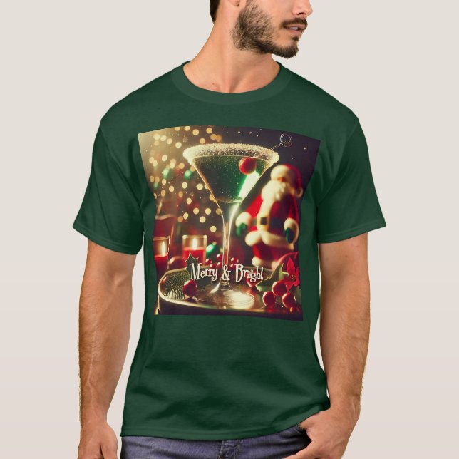 Retro 50s Santa Christmas Green Martini T Shirt (Framsida)