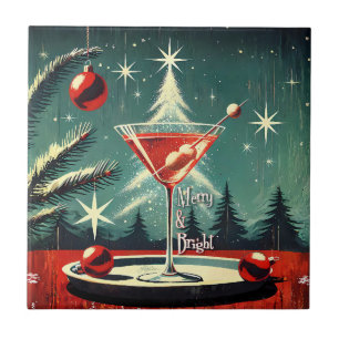 Retro 50s Snöflinga Julgran Martini Kakelplatta